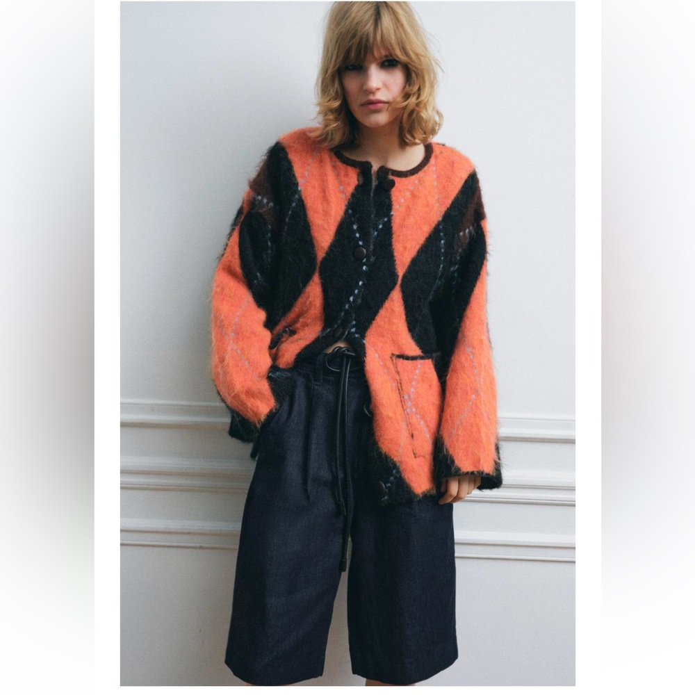 Zara Orange and Black Diamond Mohair-Blend Cardigan